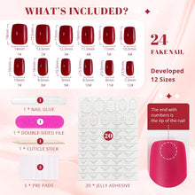 Load image into Gallery viewer, Wine Red Short Glossy Red Square Fake Nails with Nail Glue 24pcs
