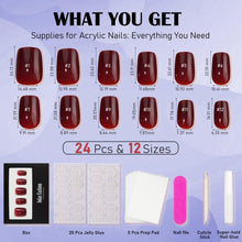 Load image into Gallery viewer, Press On Nails Short - Jofay Fashion Acrylic Press On Nails Red, Square Glue On Nails with Nail Glue, Fit Perfectly &amp; Natural Stick On Nails in 12 Sizes - 24PCS Soft Gel Fake Nails Kit, Wine Red
