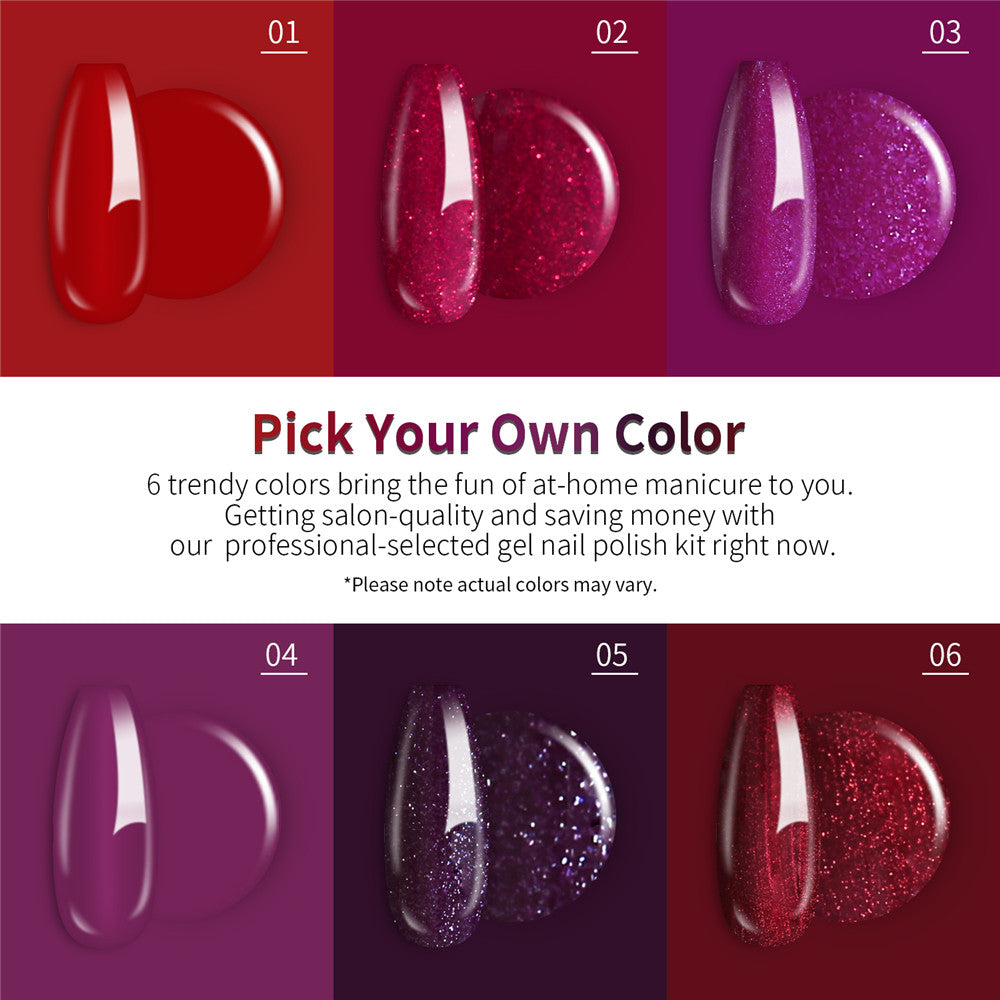 Dark sparkly Purple Red Glitter colors gel nail polish kit with Light